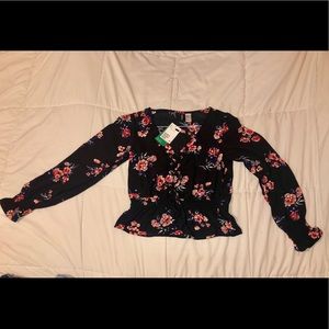 H&M Black Floral Long Sleeve Top